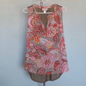 LOFT Sleeveless Floral Blouse - Tropical Print Split Neck Shell - Size S